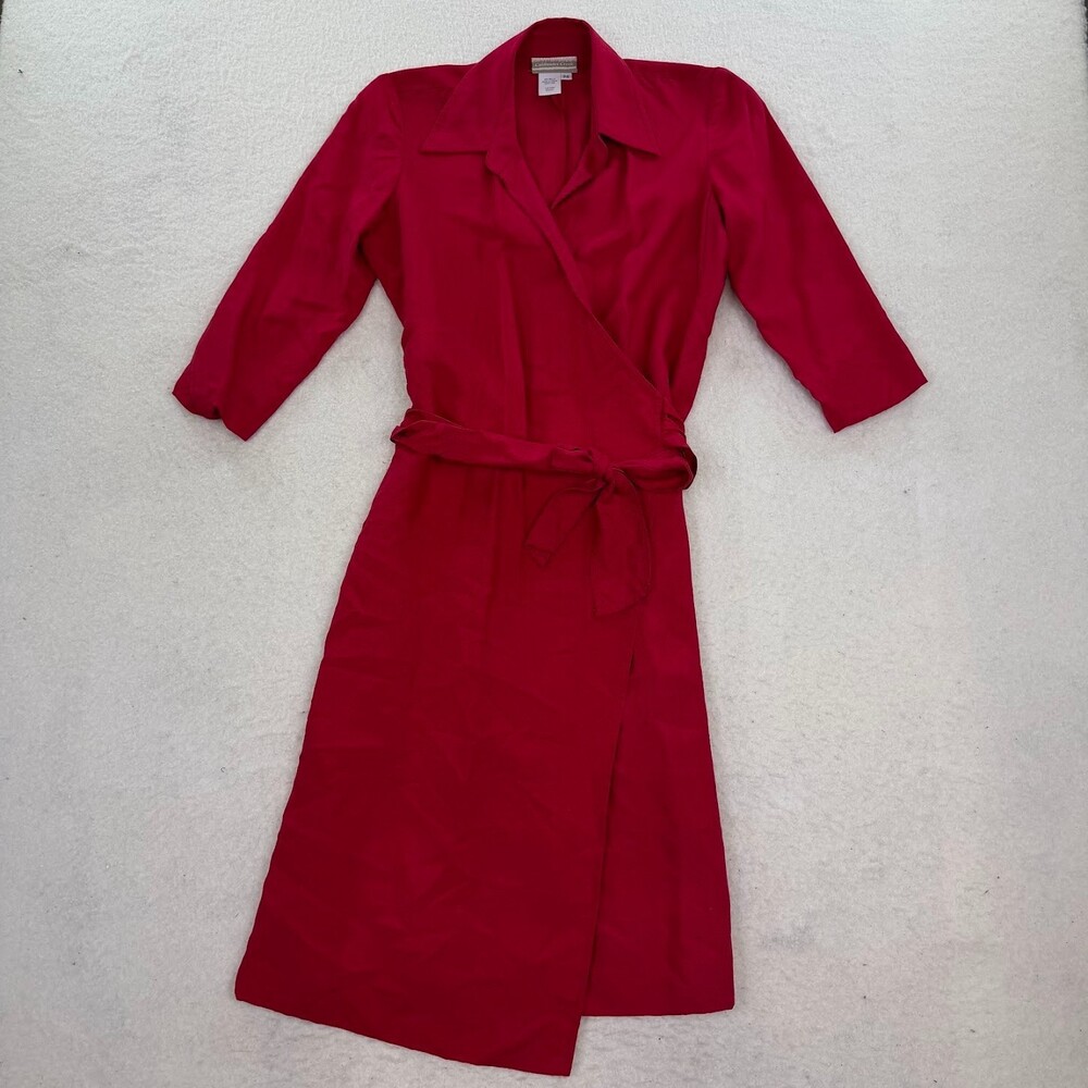 Coldwater Creek Red/Pink 100% Silk Collared Wrap Dress Size 4P